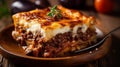 Moussaka traditional Greek dish. Generative AI Royalty Free Stock Photo