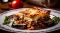 Moussaka traditional Greek dish. Generative AI Royalty Free Stock Photo