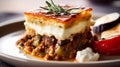 Moussaka traditional Greek dish. Generative AI Royalty Free Stock Photo