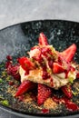 mousse dessert with fresh strawberries, seasonal summer menu