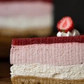 Mousse jelly cake. Strawberry on top of cake piece. Close-up shot. Side view. Soft focus. Copy space
