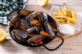 Moussels and french fries or molues-frites. Royalty Free Stock Photo
