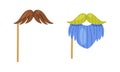 Moustache and beard on stick. Carnival party objects set cartoon vector illustration