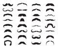 Moustache icons. Black moustaches, man accessories or props. Barber shop, gentlemen model face hairs. Isolated hipster