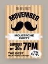 Moustache party invitation. Movember card. Prostate cancer awareness. Beard contest. November male holiday