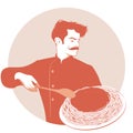 Moustached chef carrying a plate of spaghetti