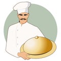 Moustached chef with a kitchen hat carrying a covered tray