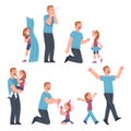 Moustached Dad and His Daughter Having Good Time Playing Together Vector Set Royalty Free Stock Photo