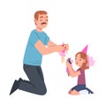Moustached Dad Playing Dolls with His Little Daughter Vector Illustration