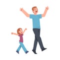 Moustached Dad Walking with His Little Daughter with Their Arms Raised Vector Illustration