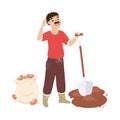 Moustached Farmer or Agricultural Worker Digging Potatoes with Shovel Vector Illustration