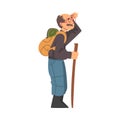 Moustached Grandpa with Backpack Hiking Vector Illustration