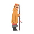 Moustached Grandpa Standing with Fishing Rod Vector Illustration