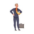 Moustached Man Chief in Formal Suit Standing with Arms Akimbo Vector Illustration Royalty Free Stock Photo