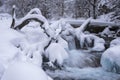 Moutain river covered with snow in winter time. Winter landscape beauty. Scenic wild nature.