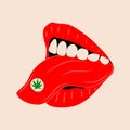 Mouth with a cannabis tablet. isolated on background