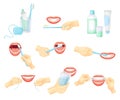 Mouth cleaning tools set. Human hands with toothbrush and toothpaste. Oral hygiene, dentistry vector illustration Royalty Free Stock Photo