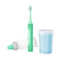 Mouth cleaning tools. Toothpaste, electric toothbrush, glass of mouthwash vector illustration