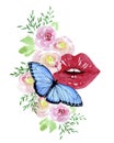 Mouth decorated with roses and butterfly composition