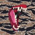 The mouth of a dog or wolf on a camouflage background