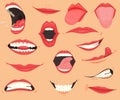 Mouth expressions. Lips with a variety of emotions, facial expressions. Female lips in cartoon style. Collection of Royalty Free Stock Photo