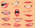 Mouth expressions. Lips with a variety of emotions, facial expressions. Female lips in cartoon style. Collection of