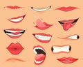 Mouth expressions. Lips with a variety of emotions, facial expressions. Female lips in cartoon style. Collection of