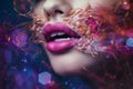 Mouth Fashion model , abstract smoke and particles around her skin. Generative ai