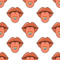 A mouth with lips and a heart on the tongue, seamless pattern. The heart is made in the colors of the LGBT flag. A flat Royalty Free Stock Photo