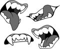 Mouth with pointed fangs in several versions. Vampire, werewolf, evil, halloween.