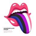 A mouth with red lips with a protruding tongue painted in the colors of the flag of gender-fluid pride. A colorful logo of one of