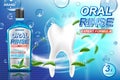 Mouth rinse ads, refreshing mouthwash product with mint leaves and aqua elements. White tooth and Oral rinse package