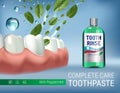 Mouth rinse ads. Vector 3d Illustration with Mouth rinse in bottle and mints leaves Royalty Free Stock Photo