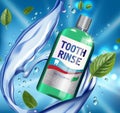 Mouth rinse ads. Vector 3d Illustration with Mouth rinse in bottle and mints leaves. Royalty Free Stock Photo