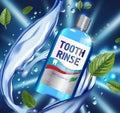 Mouth rinse ads. Vector 3d Illustration with Mouth rinse in bottle and mints leaves. Royalty Free Stock Photo