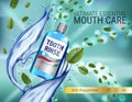 Mouth rinse ads. Vector 3d Illustration with Mouth rinse in bottle and mints leaves. Royalty Free Stock Photo