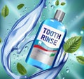 Mouth rinse ads. Vector 3d Illustration with Mouth rinse in bottle and mints leaves Royalty Free Stock Photo