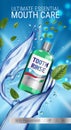 Mouth rinse ads. Vector 3d Illustration with Mouth rinse in bottle and mints leaves. Royalty Free Stock Photo