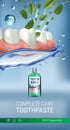 Mouth rinse ads. Vector 3d Illustration with Mouth rinse in bottle and mints leaves. Royalty Free Stock Photo