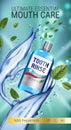 Mouth rinse ads. Vector 3d Illustration with Mouth rinse in bottle and mints leaves. Royalty Free Stock Photo