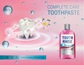 Mouth rinse ads. Vector 3d Illustration with Mouth rinse in bottle and rosehip flower.