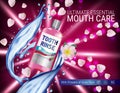 Mouth rinse ads. Vector 3d Illustration with Mouth rinse in bottle and rosehip flower.