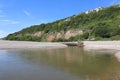 The mouth of the river Axe as it meets the sea at Axmouth in Devon. It is quite narrow and becomes a raging torrent when the tide Royalty Free Stock Photo