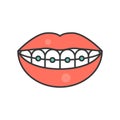 Mouth and teeth smile with braces, dental related icon, filled o