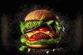 Mouth-watering barbecue hamburger with beef burger, tomato slices and melted cheese