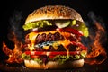 mouth-watering barbecue hamburger with beef burger, tomato slices and melted cheese