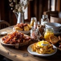 Scrumptious Breakfast Spread with Eggs, Bacon, Waffles, and Maple Syrup