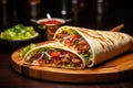 A mouth-watering burrito up close, showcasing its flavorful fillings and tortilla wrap on a plate, Delicious shawarma served on