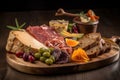 mouth-watering charcuterie plate on wooden board