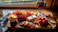 Artisanal Cheese & Charcuterie Platter with Grapes & Tomatoes on Wooden Board